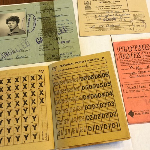 Ration Books, With Sweet Coupons Still Present In One Identity Card And NHS Card For Winifred Margaret Baker Davidson