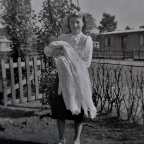 Graeme St Clair With Mum 1947 Prefabs In Background